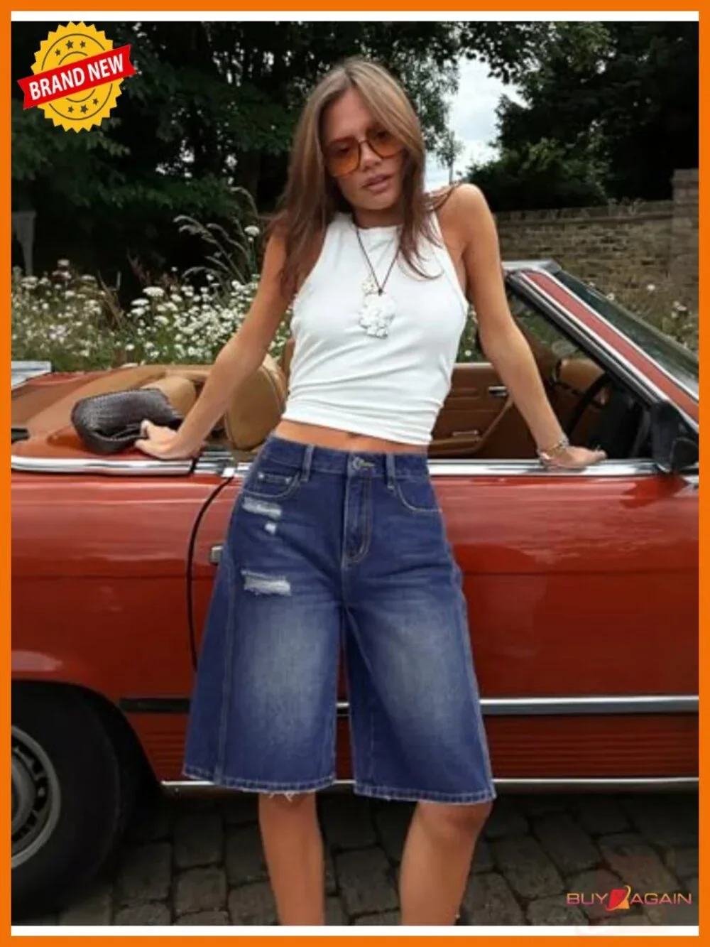 Wide Leg High Waisted Denim Jorts - Long Knee Length Bermuda Shorts